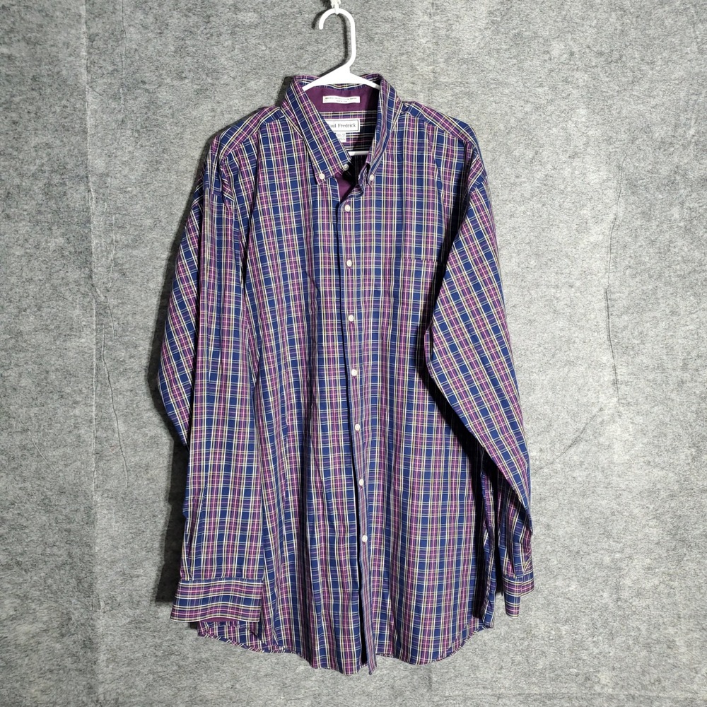 Paul Fredrick Pinpoint Plaid Dress Shirt Mens 18.5x37 Non Iron Cotton Pro Office